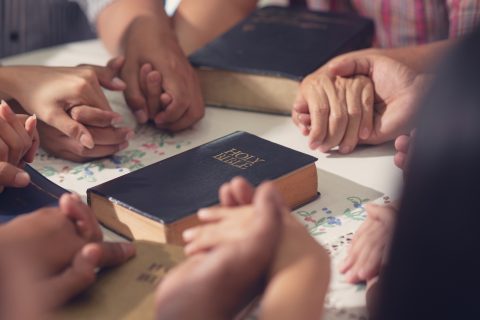Christians and Bible study concept. Group of discipleship Studying the Word Of God in church and Christians holding each others hand praying together (Christians and Bible study concept. Group of discipleship Studying the Word Of God in church and C